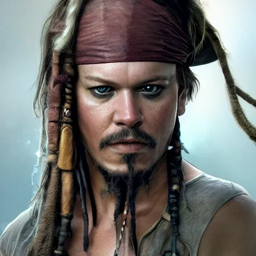 Image similar to hyperrealstic mixed media image of matt damon as captain jack sparrow, stunning 3 d render inspired art by istvan sandorfi and greg rutkowski, perfect facial symmetry, realistic, highly detailed attributes and atmosphere, dim volumetric cinematic lighting, 8 k octane extremely hyper - detailed render, post - processing, masterpiece