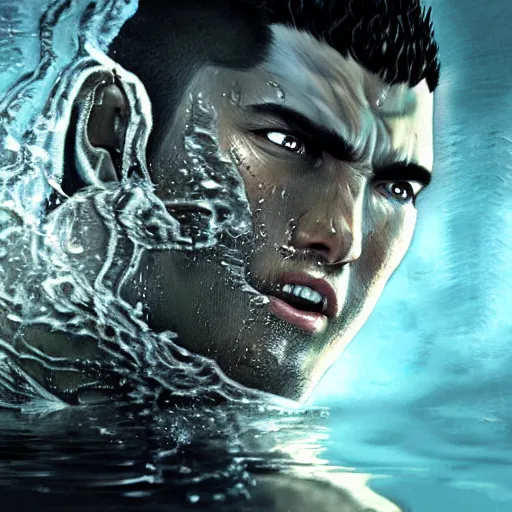 Image similar to photoshop photo edited painting photorealistic shockingly amazing portrait of guts from berserk submerged in water ,extremely detailed, made by wlop and maxwell boas