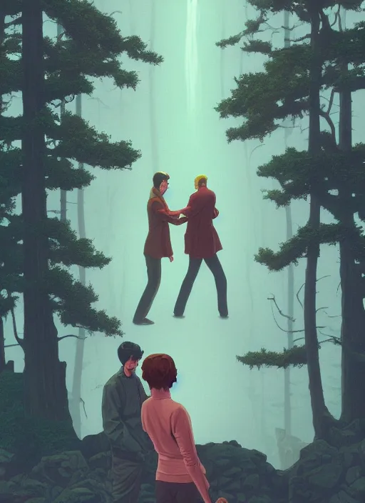 Prompt: Twin Peaks poster artwork by Michael Whelan and Tomer Hanuka, Rendering of teenagers dancing from scene from Twin Peaks, full of details, by Makoto Shinkai and thomas kinkade, Matte painting, trending on artstation and unreal engine