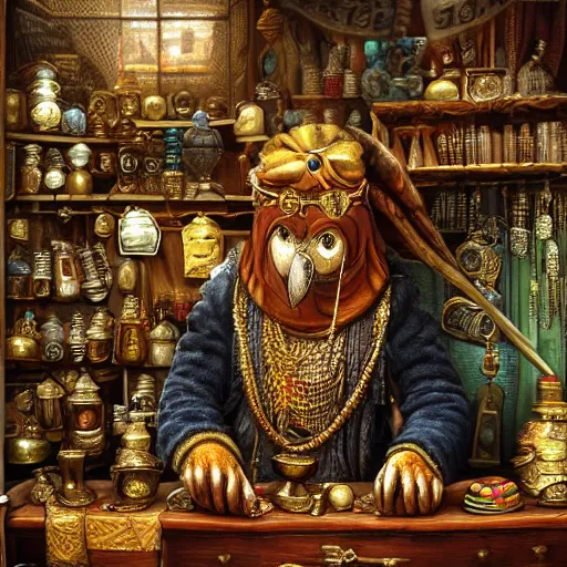 Image similar to A Anthropomorphized parrot trader in his shop, selling his wares, portrait, items, gold, carpet, window, sly expression, cunning expression, presenting wares, holding a gold bag, D&D, fantasy, cinematic lighting, highly detailed, digital painting, artstation, concept art, smooth, sharp focus, illustration, warm light, cozy warm tint, magic the gathering artwork, volumetric lighting, 8k, art by Akihiko Yoshida, Greg Rutkowski