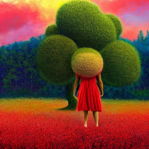 Image similar to giant red flower afro, girl standing in a field with flowers, surreal photography, hills, big trees, sunrise dramatic light, impressionist painting, colorful clouds, digital painting, pointillism, artstation, simon stalenhag