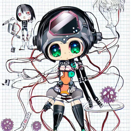 Prompt: Anime manga robot!! Anime girl, cyborg girl, exposed wires and gears, fully robotic!! girl, manga!! in the style of Junji Ito and Naoko Takeuchi, cute!! chibi!!! Schoolgirl, epic full color illustration