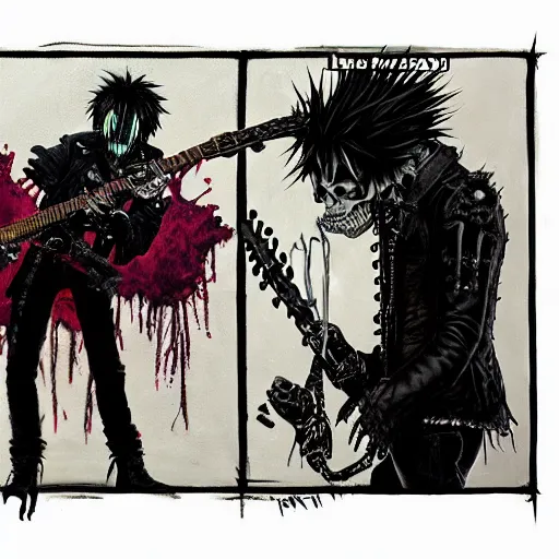 Prompt: a portrait of the grim reaper as a punk rocker playing an electric guitar, punk, skeleton face, mohawk, dark, fantasy, leather jackets, spiked collars, spiked wristbands, piercings, boots, ultrafine detailed painting by frank frazetta and vito acconci and michael whelan and takeshi obata, death note style, oil on canvas, symetric body