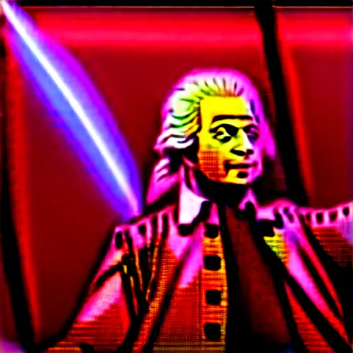 Image similar to a photo of wolfgang amadeus mozart on a rave. he sweats a lot because the club is poorly ventilated, but he still has a great time. club photography, smartphone photography.