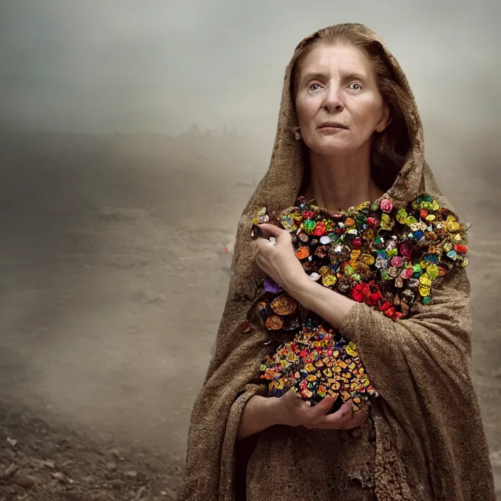 Prompt: closeup portrait of a woman wearing a cloak made of coins and flowers, standing in an apocalyptic smoking city, by Annie Leibovitz and Steve McCurry, natural light, detailed face, CANON Eos C300, ƒ1.8, 35mm, 8K, medium-format print