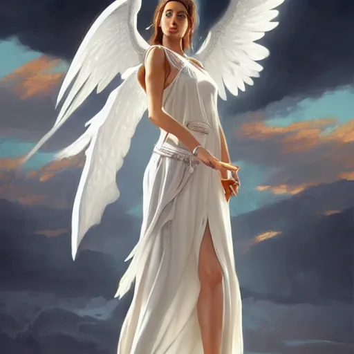 Image similar to a female angel of mercy wearing see through white long dress, olive skinned, sumerian, d & d, highly detailed, digital painting, artstation, concept art, sharp focus, illustration, cinematic lighting, art by artgerm and greg rutkowski and alphonse mucha