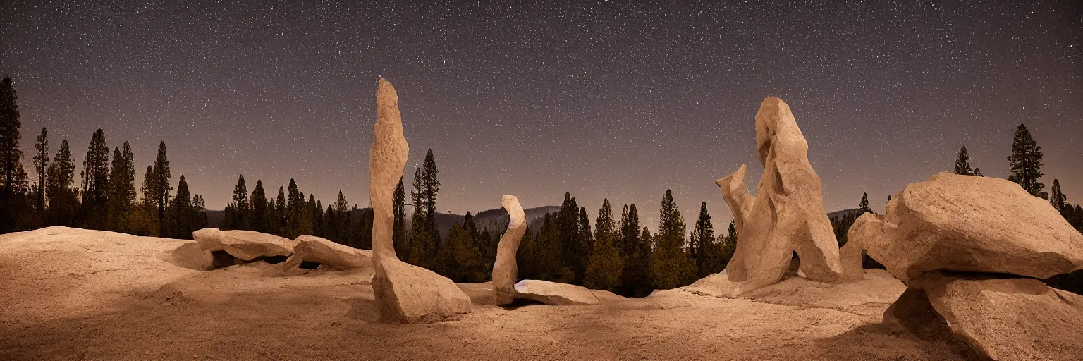 Image similar to to fathom hell or soar angelic, just take a pinch of psychedelic, medium format photograph of two colossal minimalistic necktie sculpture installations by antony gormley and anthony caro in yosemite national park, made from iron, marble, and limestone, granite peaks visible in the background, taken in the night