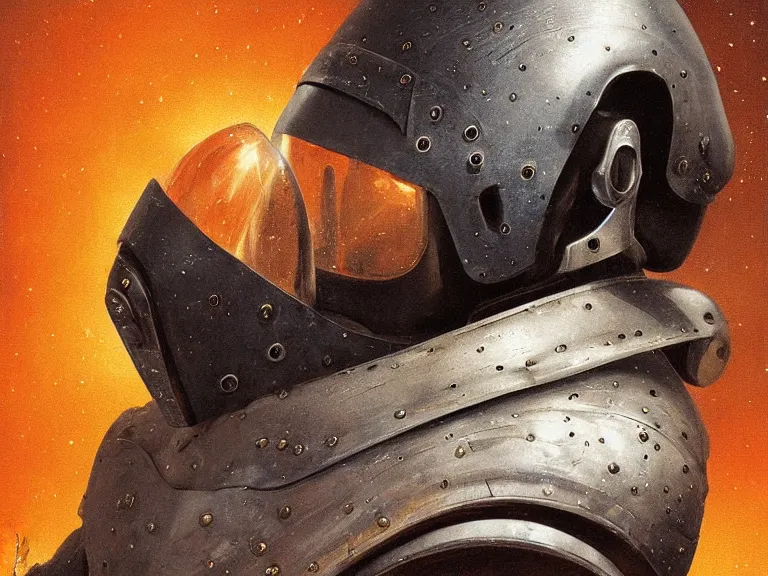 Image similar to a detailed profile painting of a bounty hunter in polished armour and visor. Fencing mask and shroud. cinematic sci-fi poster. Cloth and metal. Welding, fire, flames, samurai Flight suit, accurate anatomy portrait symmetrical and science fiction theme with lightning, aurora lighting clouds and stars. Clean and minimal design by beksinski carl spitzweg giger and tuomas korpi. baroque elements. baroque element. intricate artwork by caravaggio. Oil painting. Trending on artstation. 8k