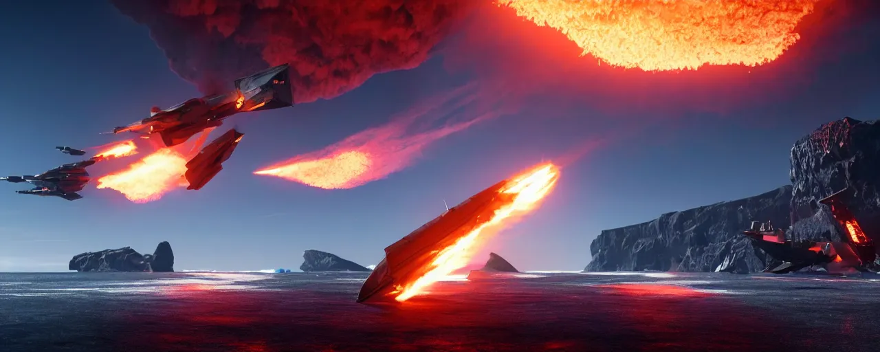 Prompt: matte painting of flaming military spacecraft breaking apart over a black sand beach with icebergs in the distance, trending on artstation, octane render, hd, 8 k