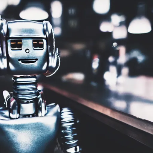 Image similar to a close up photograph of a robot crying alone at a bar, 40mm lens, focused