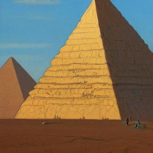 Prompt: a beautiful painting of a large pyramid floating above a vast desert with people gathered underneath by moebius