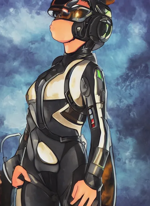 Image similar to Portrait of a female mech pilot in a latex bodysuit, 90s anime, cel-shaded, highly detailed, dramatic background, complementary lighting, poster