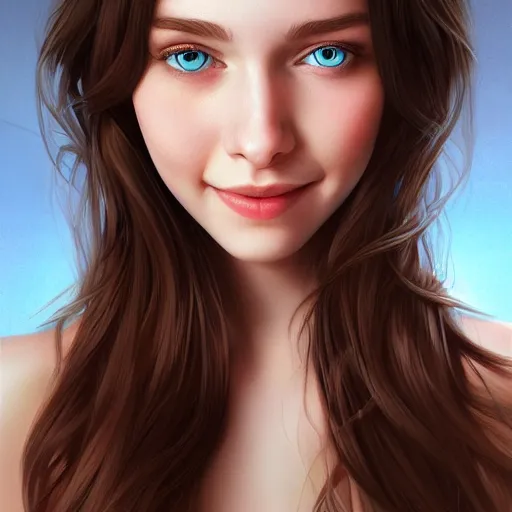 Prompt: full body portrait of a girl with blue eyes, gentle round face, with a bright smile, long dark hair, highly detailed, deep focus, elegant, digital painting, smooth, sharp focus, golden ratio, illustration, ultra realistic, 8 k, art by artgerm and caravaggio