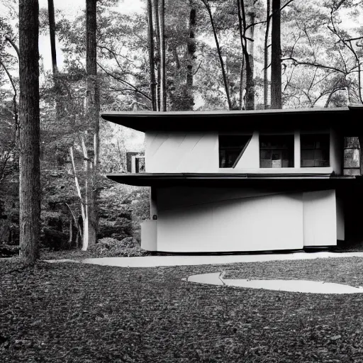 Image similar to architecture ad for a mid-century modern house in the middle of the forrest, designed by Frank Gehry. Film grain, cinematic, grayscale, yellow hue