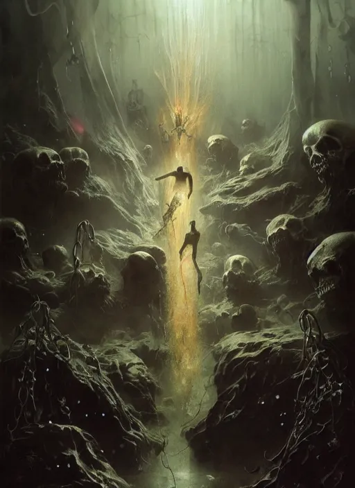 Image similar to shackled in styx river of the underworld, frank frank frazetta and cgsociety, stunning sasquatch, blood splatters, charlie bowater and tom bagshaw, insanely detailed, deviantart, space art, atoms surrounded by skulls, death, and spirits flying, water fall, horror, sci - fi, surrealist painting, by peter mohrbacher