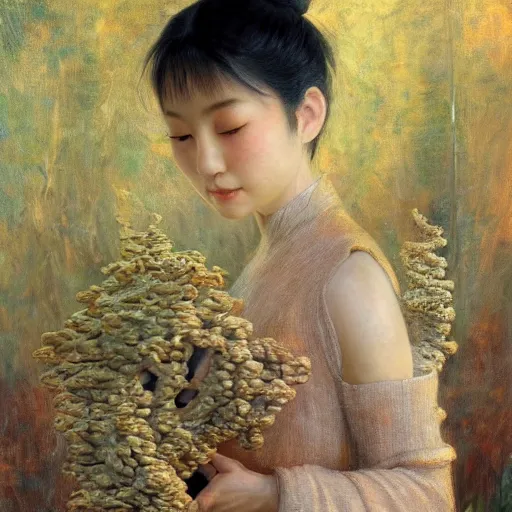 Image similar to a sculpture portrait of a beautiful young japanese girl made of smoke mushrooms and coral reefs and crystals and plants, muted cold colors, painting part by wojciech siudmak, part by ilya repin, part by norman rockwell, artstation