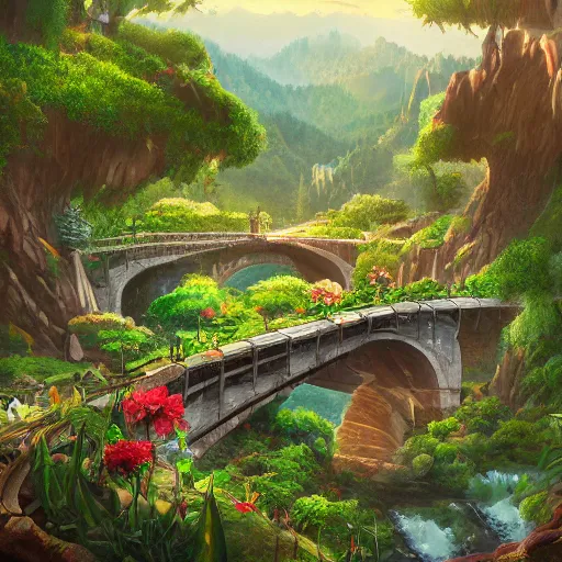 Image similar to a beautiful nature civilization, fancy, flowers, bridges, nature city, people, tree houses, trending on artstation, behance, deviantart