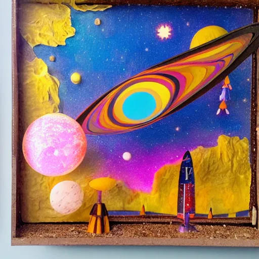 Prompt: Liminal space in outer space, colorful, shadow box!!!!!