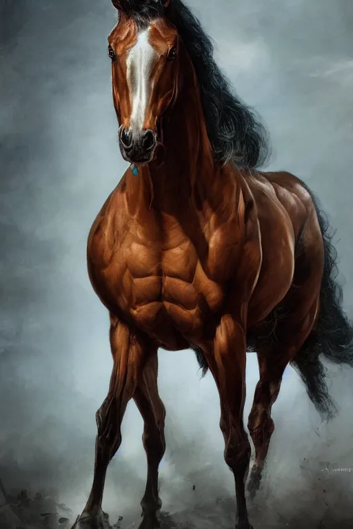 Image similar to 3 quarter view photography portrait of a prince stalion horse , organed, tatooed, intricate details, muscles, elegant, divine, illustrated by greg rutkowski and Akira Saito and Peter mohrbacher, 4k,