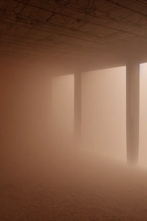 Prompt: inside a tall vetical room, convoluted halls, large open windows, cables hanging, complex ceiling, ancient monolithic sci - fi, thick dust storm enters the buiding, high winds, concrete pillars, on an alien planet, sun is blocked by dust, pale orange colors, cinematographic wide angle shot, f / 2 4, motion blur