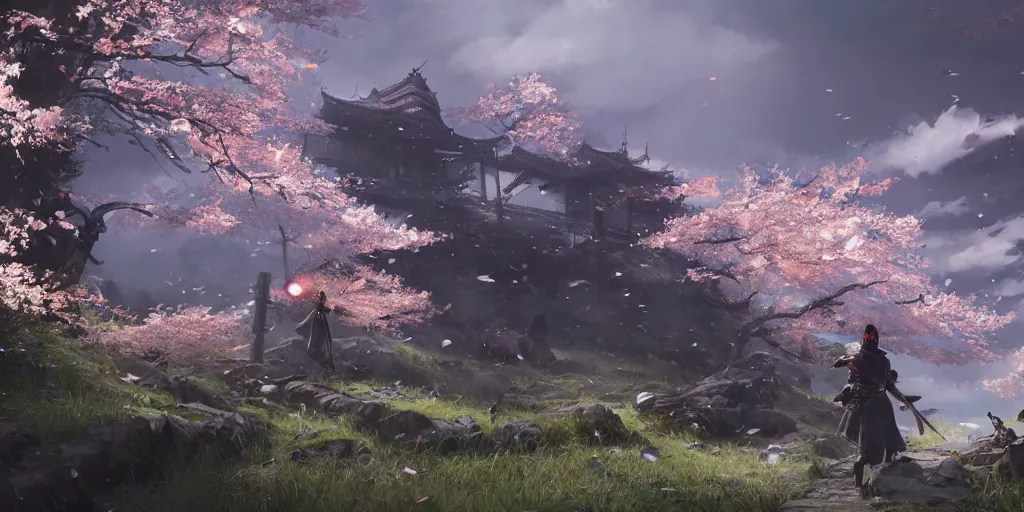 Image similar to an environmental concept art of ghost of tsushima, samurai duel, sakura petals blowing in the wind, highly detailed, environmental light, cinematic by francis tneh