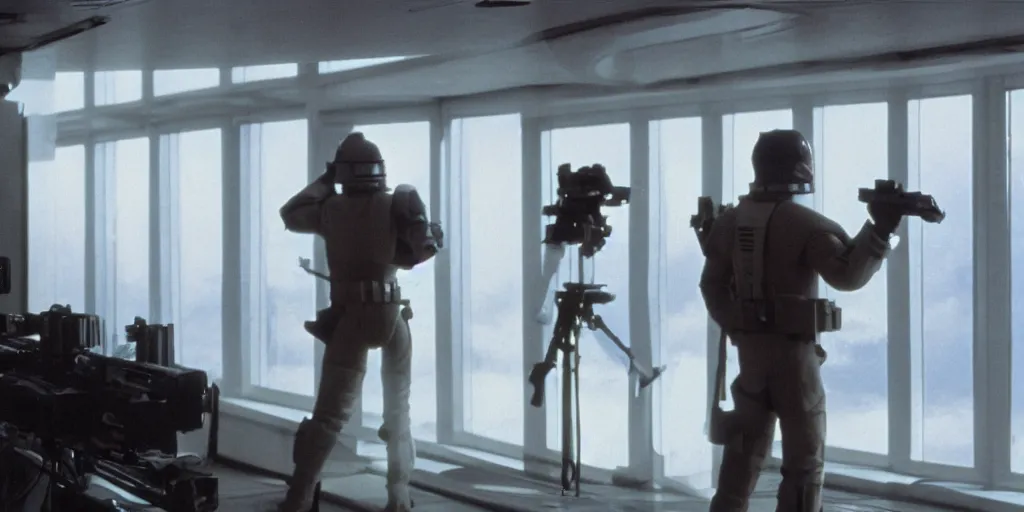 Image similar to a still from a film of a naval officer standing, back turned, in front of a large window with a live action Star Wars space battle, 35mm, directed by George Lucas, miniatures, ILM