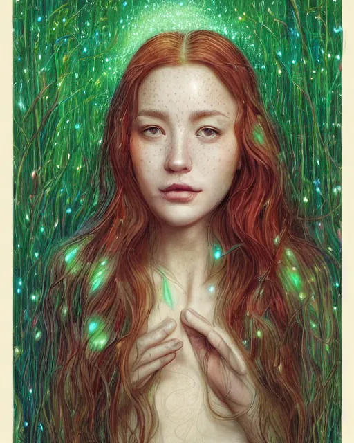 Prompt: a young woman, amazed by the lights of golden fireflies, sitting in the midst of nature fully covered, long loose red hair, intricate linework, green eyes, small nose with freckles, oval shape face, soft happy smile, realistic, expressive emotions, mystical scene, hyper realistic ultrafine detailed illustration by james jean and albert bierstadt and artgerm