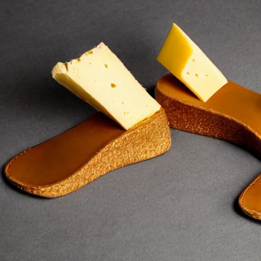 Image similar to high quality photo of sandals made of cheese, realism, 8k, award winning photo