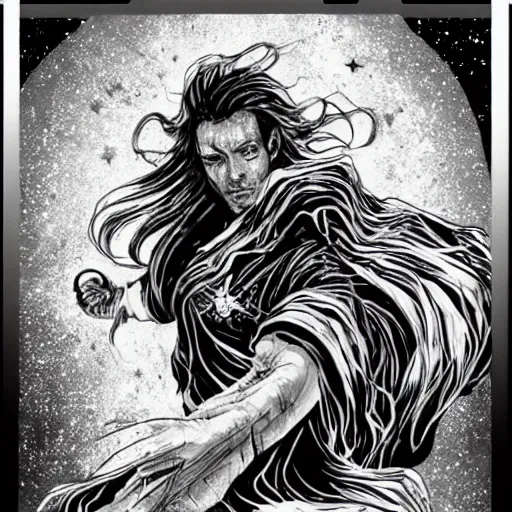 Image similar to black and white pen and ink!!!!!!! Ewan McGregor wearing cosmic space robes made of stars final form flowing royal hair golden!!!! Vagabond!!!!!!!! floating magic swordsman!!!! glides through a beautiful!!!!!!! Camellia flower battlefield dramatic esoteric!!!!!! Long hair flowing dancing illustrated in high detail!!!!!!!! by Moebius and Hiroya Oku!!!!!!!!! graphic novel published on 2049 award winning!!!! full body portrait!!!!! action exposition manga panel black and white Shonen Jump issue by David Lynch eraserhead and beautiful line art Hirohiko Araki!! Rossetti, Millais, Mucha, Jojo's Bizzare Adventure