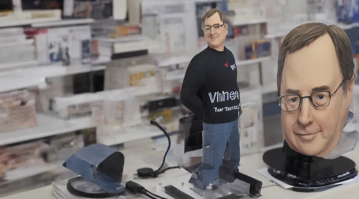 Prompt: vinil scale figure of Linus Torvalds, photo product