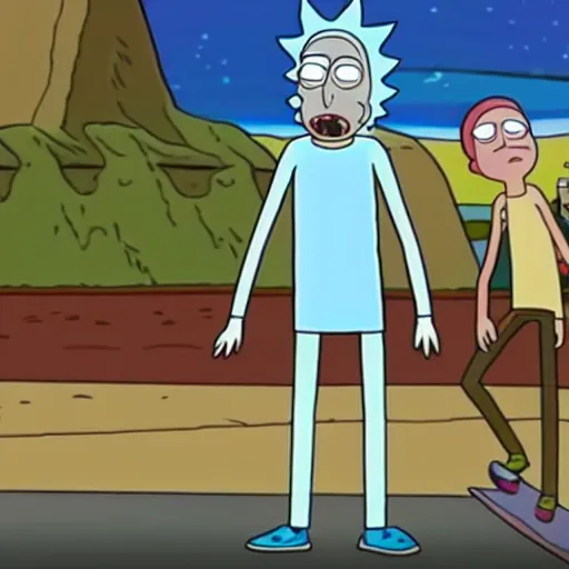 Image similar to an episode from rick and morty where rick surf on skate in the shape of morty