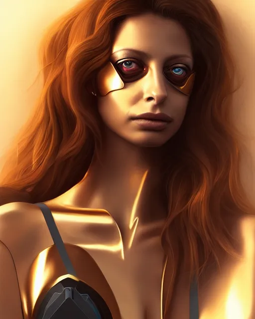 Prompt: portrait of angela sarafyan as a beautiful cyborg, wlop, artgerm, artstation, metallic carbon fiber