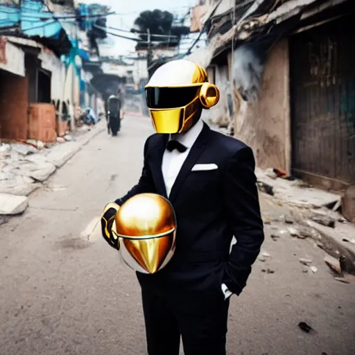 Prompt: Man in a suit holding a daft punk helmet in one hand, looking at an explosion, favela