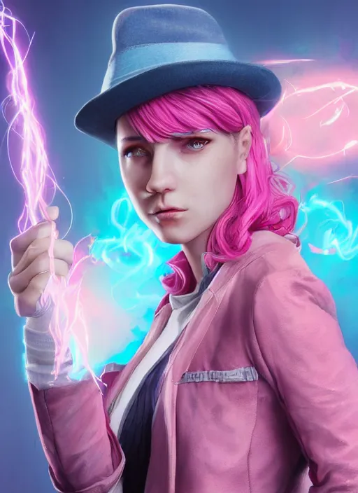 Image similar to An epic fantasy comic book style portrait painting of a young woman, with a wavy short pink hair and pink fedora hat, wearing a light pink jacket with a dark blue tie, purple gloves and blue jeans shorts and white shoes. She is holding blue neon strings tied on her hand, Unreal 5, DAZ, hyperrealistic, octane render, cosplay, RPG portrait, dynamic lighting