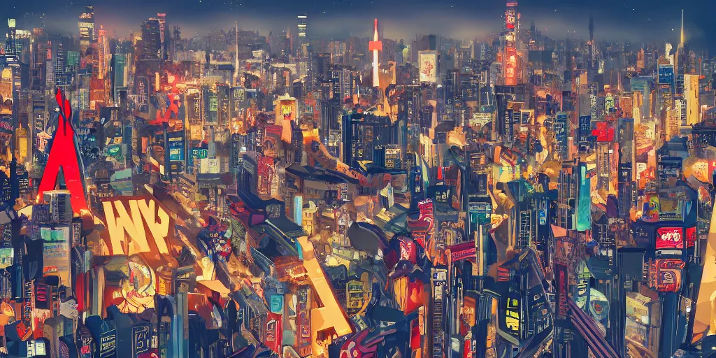 Prompt: an epic comic book style painting of the uppercase letter x towering over the world, the letter x, giant font, massive lettering, future tokyo cityscape with ribbons, banners and ribbons, ribbons across the sky, trending on artstation, dynamic lighting