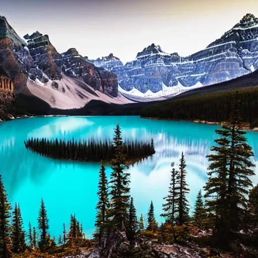 Prompt: realistic photo of Moraine lake in Albert, Canada, beautiful lighting, 4k