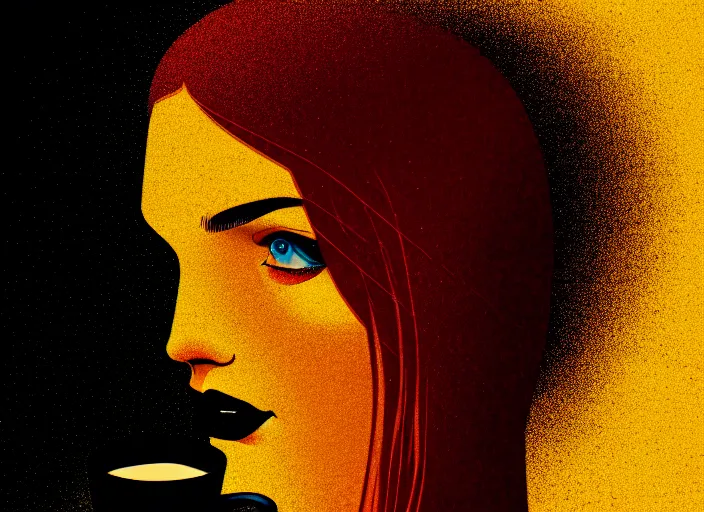 Image similar to portrait of a heroine drinking coffee, colorful,vivid, Mads Berg, Karolis Strautniekas,small finely stippled light, cinematic lighting,fine texutre, editorial illustration, detailed, moody, dynamic composition,perspective