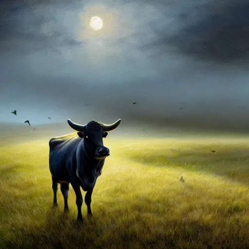 Prompt: a detailed matte landscape painting of a cow standing in a grassy field wearing a witch hat, cow wearing hat!!!! viewed in profile, fog and flying glowing moths in the background, ultrawide lens, aerial photography, black and blue color scheme with gold highlights, art by paul kidby, 8 k