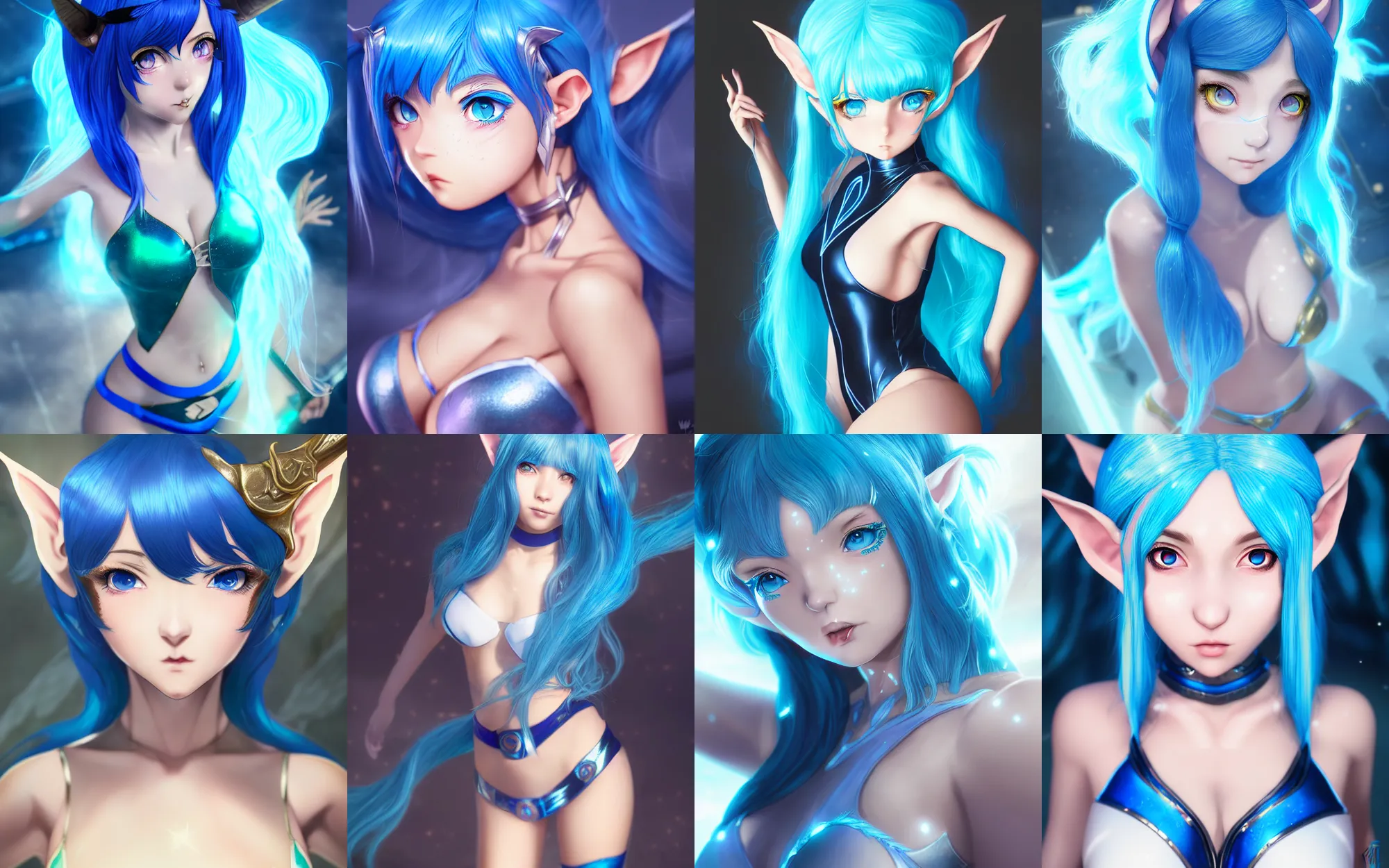 Prompt: league of legends portrait of a blue haired elf girl with twin tails with white freckles wearing a metallic swimsuit by wlop and kuvshinov, digital art, cinematic lighting, symmetric, light rays, cyborg