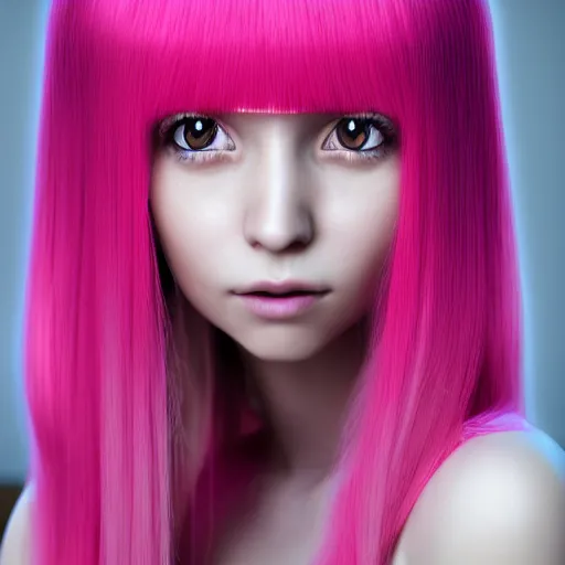 Image similar to A portrait of Nikki from Shining Nikki, a 3d cgi toon young woman with long pink hair, full bangs, amber eyes, full face, light makeup, pale skin, Chinese, medium shot, mid-shot, soft focus, 4k, trending on artstation