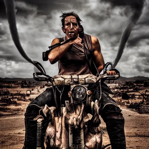 Image similar to very beautiful male, post-apocalyptic, mad max style, Total Recall style, symmetric, by David Lazar and Annie Leibovitz 500px photos, top cinematic lighting , cinematic mood, very detailed, shot in canon 50mm f/1.2