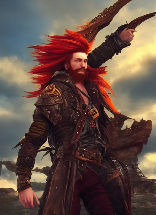Image similar to an epic fantasy comic book style portrait painting of a long haired, red headed male sky - pirate in front of an airship, unreal 5, daz, hyperrealistic, octane render, cosplay, rpg portrait, dynamic lighting, in the style of final fantasy