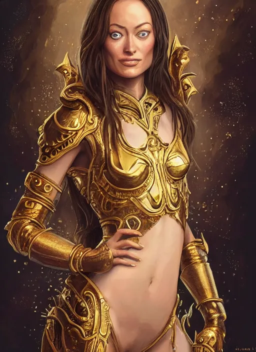 Image similar to a professional painting of a young Olivia Wilde, wearing skimpy ornate, detailed, intricate golden armor, olive skin, long dark hair, beautiful bone structure, symmetrical facial features, intricate, elegant, digital painting, concept art, smooth, nice background bokeh, illustration, from StarCraft by Ruan Jia and Mandy Jurgens and Artgerm and William-Adolphe Bouguerea