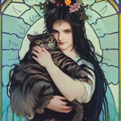 Prompt: cute!!! goth girl with long dark hair parted sideways thick eyebrows and dark eyes, she is holding a cat in her arms, by juan villafuerte, greg rutkowski and alphonse mucha, pexels contest winner, high quality photo, rtx, hd