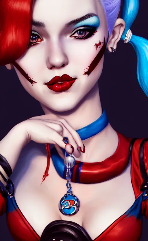 Image similar to a pin up and beautiful fashion charming dreamlke harley quinn with lv jewelry, character art, art by artgerm lau and wlop and and ilya kuvshinov and john singer sargent, hyperdetailed, 8 k realistic, symmetrical, frostbite 3 engine, cryengine, dof, trending on artstation, digital art