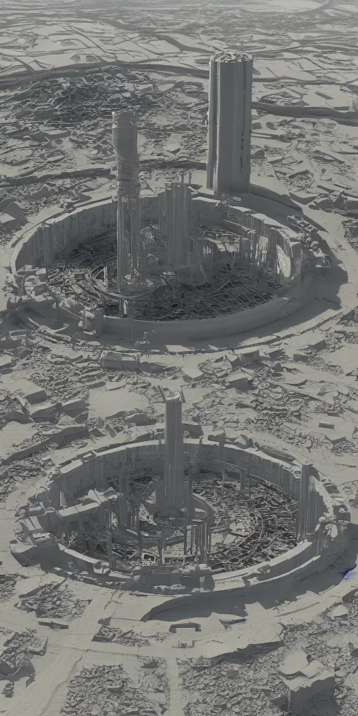 Image similar to realistic nuclear base, tower of babylon destroyed, white architecture, cerro dominador radial vertical solar power plant in the desert, trending on artstation, featured on behance, octane render, award winning, archviz, matte painting, epic, blender render, unreal engine