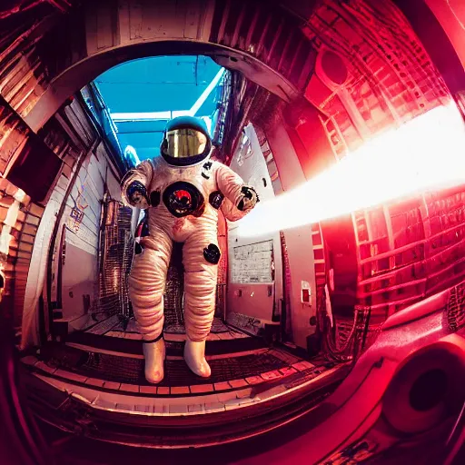 Prompt: color photo of fit man going in spacesuit in cyberpunk city in red and white light from ground level fisheye, cyberpunk, hyper detailed, old camera - H 1280 - 720