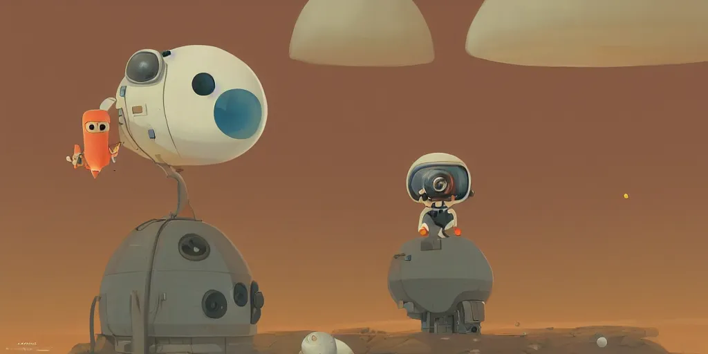 Image similar to cute cartoon cosmonaut landing on the mars by goro fujita and simon stalenhag and wes anderson and alex andreev, 8 k, trending on artstation, hyper detailed, cinematic