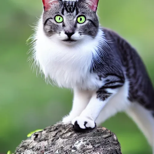 Image similar to cat bird hybrid, cute, fluffy, cat bird is white with black tabby stripes and blue eyes, cat bird has very strong legs, realistic, 4 k