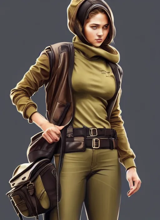 Prompt: full figure character concept art of a gorgeous young woman wearing a designer khaki outfit with a backpack and hoodie and leather belts in the style of stefan kostic, realistic, sharp focus, 8k high definition, insanely detailed, intricate, elegant, art by stanley lau and artgerm